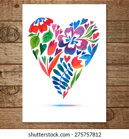 Vector illustration of flower heart frame. Multicolor floral drawing watercolor. Card design for Valentine's Day or weddings. Spring or summer design for invitation and greeting cards