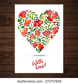 Vector illustration of flower heart frame. Multicolor floral drawing watercolor. Card design for Valentine's Day or weddings. Spring or summer design for invitation and greeting cards