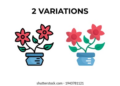 vector illustration of flower icons. two flower on the pot use 2 variations with flat and lineal design style