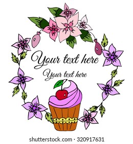 Vector illustration. Flower logo with a cupcake. Isolated on white background. Hand drawn.