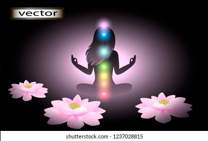 Vector illustration of flower Lotus posture of yoga, the disclosure of illumination of the chakras of a healthy body the female energy