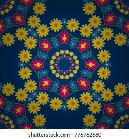 Vector illustration. Vector flower Mandala seamless pattern. Coloring page template. Blue, magenta and yellow printable package decorative elements. Oriental, mystic, alchemy pattern.