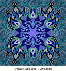 Vector illustration. Flower. On blue, black and white colors. Seamless decorative background, flower mandala.