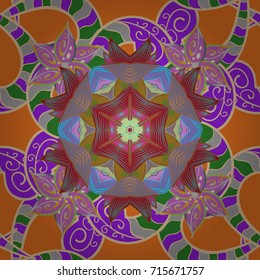 Vector illustration. Flower. On violet, orange and beige background. Seamless decorative background, flower mandala.