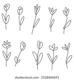 Vector illustration. Flower with one black line without lifting the hand on a white background. Set.