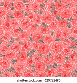 Vector illustration. Flower pattern of multicolored rose flowers. The floral seamless pattern in red colors. Fabric texture pattern with seamless rose flowers.