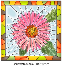 Vector illustration of flower pink aster stained glass window with frame.