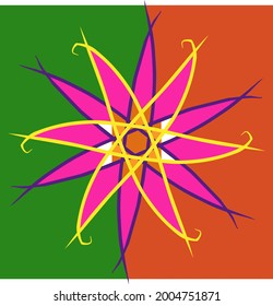 Vector illustration of a flower with a pink color combination with a black and yellow border on a green and brown background