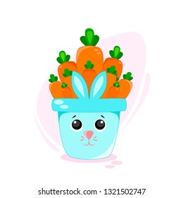 Vector illustration Flower pot with carrot, rabbit in funny style Kawaii