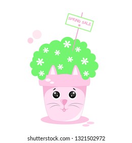 Vector illustration Flower pot, cat in funny style Kawaii
