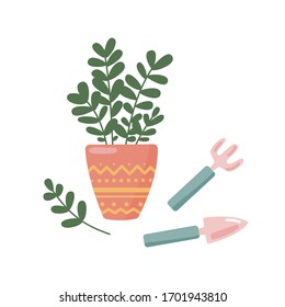 Ilustración vectorial con la maceta floral. Dibujo de dibujos animados de vector plano aislado en fondo blanco. Ilustración dibujada a mano en botánica. Decoración de casa de tendencia natural