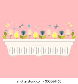 Vector illustration with flower pot in flat style. Vector tulips, daisy, butterfly, dragonfly for game design