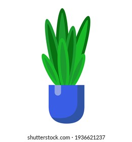 Ilustración del vector; maceta de flores con planta de color verde del hogar con hojas largas en olla azul; planta de macetas de origen; planta interior. Concepto de vegetación nacional