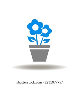 Vector illustration of flower with pot. Icon of grow plant. Symbol of ecology. Sign of business investment. Agriculture pictogram.