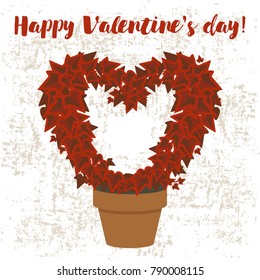 Vector illustration with flower pot and ivy in flat style.Valentine's day card