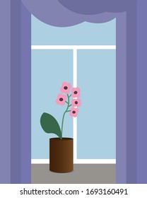 Vector illustration of a flower in a pot on the window