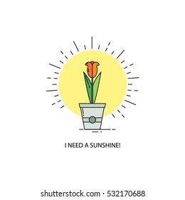 Vector Illustration of Flower in a pot with text: I need a sunshine! Made in a flat stile. Used for printing card, banner or web design.
