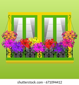 Vector Illustration. Flower pots on the balcony of the house.