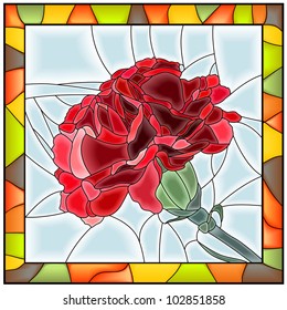 Vector illustration of flower red carnation stained glass window with frame.