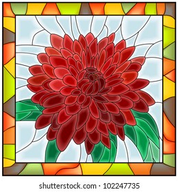 Vector illustration of flower red chrysanthemum in stained glass window with frame.