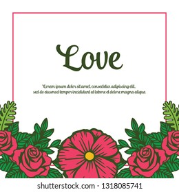 Vector illustration flower red greeting card with lettering love hand drawn