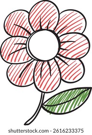 Vector illustration of a flower with red petals and green leaf in a doodle style
