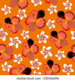 Vector illustration. Vector flower illustration. Seamless floral pattern with yellow, brown and orange hibiscus flowers, watercolor. Seamless pattern with floral motif.