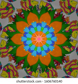 Vector illustration. Flower seamless on gray, orange and green colors. Flourish ornamental spring garden texture. Flowers on gray, orange and green colors. Floral pattern.