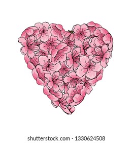 Vector illustration of a flower shaped heart. Volumetric heart of flowers Sakura. Romantic pink cherry blossom heart design. 