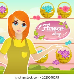 Vector illustration of flower shop with female florist character and baskets with flowers