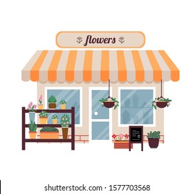 Vector illustration of a flower shop, front facade with garden pots, bouquets, flowers and logo