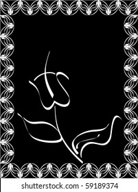 vector illustration of a flower silhouette on black background with floral frame
