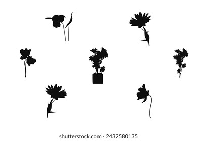 Vector illustration of flower silhouettes. Cute doodle floral decoration frame set. vector art, Icons, black color isolated on white background. Logo, wallpaper.