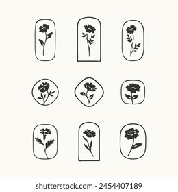 Vektorillustration der Blume in schlichtem Handgezeichnetem und Linolschnitt-Stil im Rahmen. Einfache Kontur Vektorillustration für Kosmetik, Postkarte, Muster und Tattoo.
