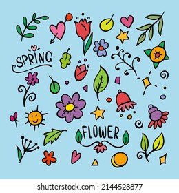 Ilustración vectorial hojas de primavera floral con letras Primavera y Flores. Imagen de dibujos animados Doodle para afiches, arte, diseño, etc.