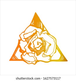 Vector illustration flower in the triangle. For tattoo in golden colors, decorative rose.