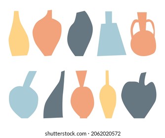 Vector illustration with flower vases as mid-century wall decor. Kit. Design elements for book cover, page template, print, card, brochure, magazine, poster. Vector