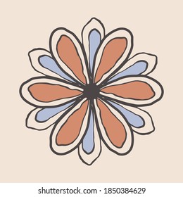 Ilustración vectorial de una flor con líneas onduladas, pétalos azules y rojos. Elemento de diseño para tarjeta de cumpleaños, diseño simple minimalista de moda boho. Elegante vista de la parte superior del elemento botánico.