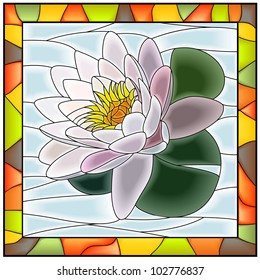 Vector illustration of flower white water lily stained glass window with frame.