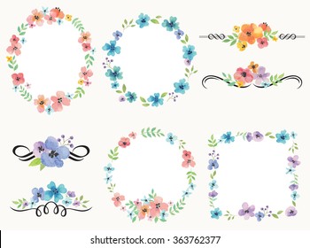 Vector illustration of flower wreath frame and decoration set.