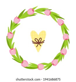Vector illustration of flower wreath with yellow heart inside. Easter wreath of pink tulips with leaves. Spring and summer illustration. Flat composition.