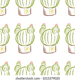 A vector illustration of a flowering cactus in a pot of dirt, in a seamless pattern.