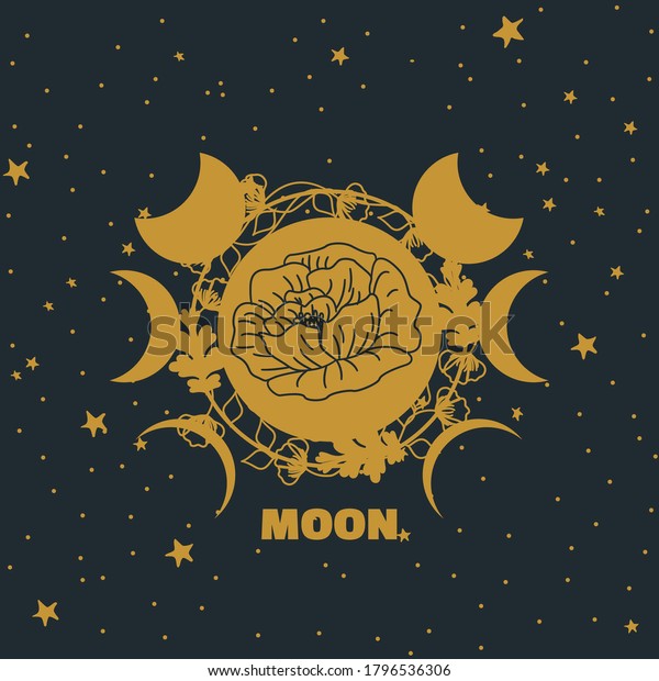 vector illustration of flowering moon phases, with\
moon full of flowers in\
bloom