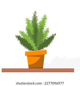 Vector illustration of a flowering plant on the table. House plant isolated. Beautiful green fern on a ceramic container, flower plant vase on the wall, potted house plant for interior decoration.