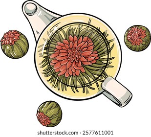 Vector Illustration with flowering tea in  teapot on brown  background