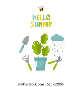 Vector illustration of flowerpot with flower and tools for garden. Hello summer. Rake, scapula, garden shears