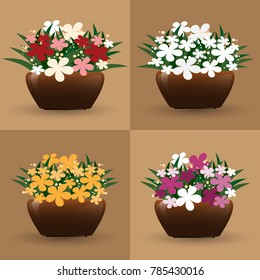 Vector illustration of flowerpot isolated on light brown background. Vector set four tone color of  flower in pots collection for gardener and florist small business.