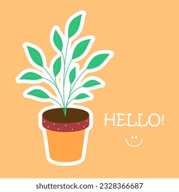 Vector illustration of a flowerpot with light green leaves in an orange pot. Greeting card vector