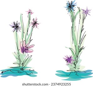 A vector illustration of flowers.  2 sets of flowers emerging from water