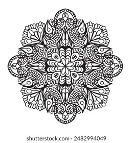 Vector illustration Flowers for background, coloring page, and print on the product, Mandala For Painting, Vector Ethnic Oriental Circle Ornament, Great for Antistress Coloring Book, Artmeditation.